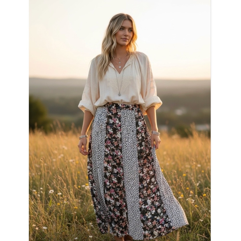 Pieces Patchwork Floral Midi Skirt M
